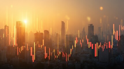 Forex trade market and development concept with growing digital candlestick and indicators on sunny skyscrapers background. Double exposure, no logos, no brands