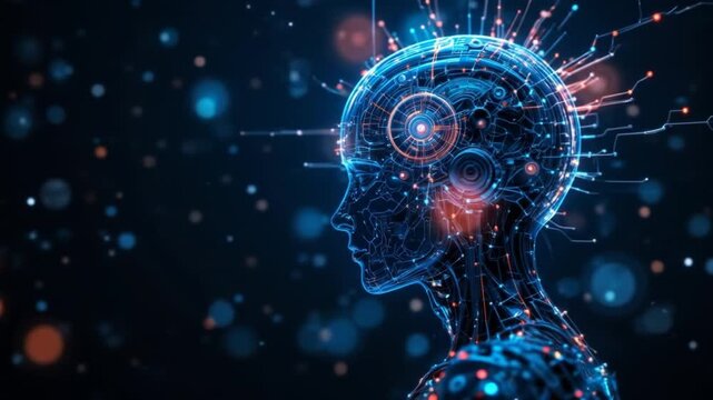 Artificial Intelligence project creation. Abstract concepts of cyber technology, machine learning, robots, and cybernetic brains, 3D animation. Digital schematic line drawing of futuristic ideas. 4k v