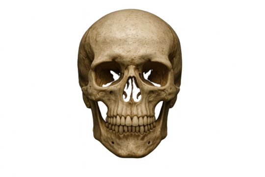 Human skull frontal view jaw closed dramatic studio lighting on deep black background