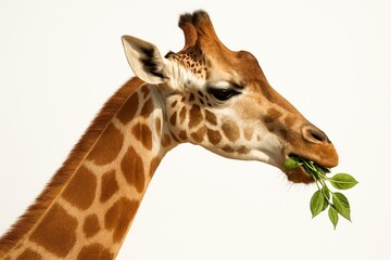 Obraz premium Studio style profile of giraffe head chewing leaves isolated on pure white