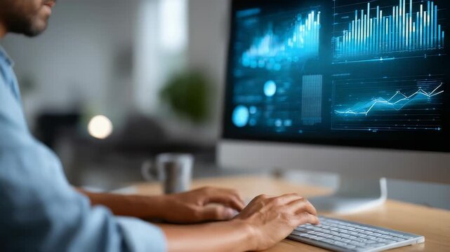 Professional analyzing financial statistics and market trends using advanced data visualization tools on a desktop screen. Innovative technology empowers business intelligence and strategic planning - Powered by Adobe