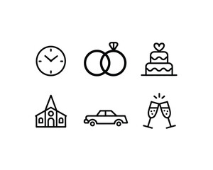 Wedding Event Outline Icons Set - Time, Rings, Cake, Church, Car, Champagne
