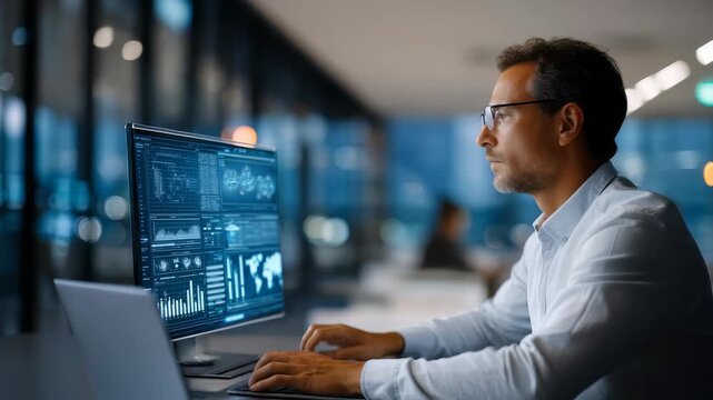 A professional man in glasses works late at his desk, studying data visualizations on a high resolution screen. The contemporary office setting features glass walls and city lights in the background