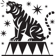 Powerful circus tiger illustration with sparkling star elements in vintage tattoo style
