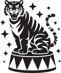 Majestic circus tiger sitting proudly on pedestal surrounded by sparkling stars, vintage tattoo style black and white animal illustration, retro wild cat artwork for print and design