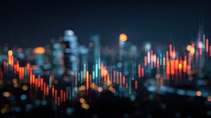 Abstract glowing big data forex candlestick chart on blurry city backdrop. Trade, technology, investment and analysis concept. Double exposure, no logos, no brands