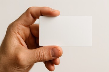 Male hand holding blank business card closeup on white background studio lighting