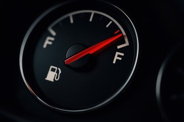 Fuel gauge close up needle pointing to full bright dashboard lights dark car interior