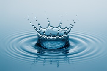 Crystal water drop falling into blue surface frozen splash crown and perfect ripple rings