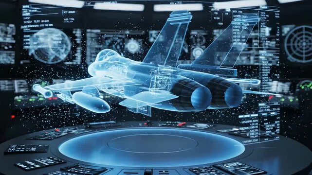 d holographic fighter jet displayed above circular console with technical schematics and data screens, engineering design review, avionics overlay, modeling and testing environment