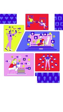 Social media fame and online identity bento grid vertical animation. Content creation. Diverse influencers collage motion 4K video web design. Animated cartoon characters collection mood board