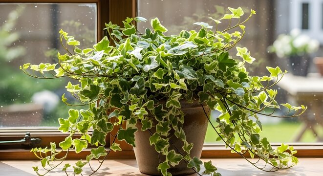 Lush variegated ivy plant cascading from a pot on a sunny windowsill with a blurred garden background