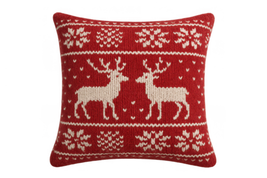 Red knitted cushion with white reindeer and snowflake motif, displaying scandinavian style festive decoration. Transparent background