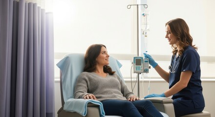 A healthcare professional in scrubs engages with a patient seated in a comfortable chair, receiving intravenous treatment in a well-lit, modern medical facility. The atmosphere is supportive and calm