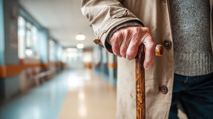 Elder person using wooden walking cane during rehabilitation in friendly hospital, no logos, no brands