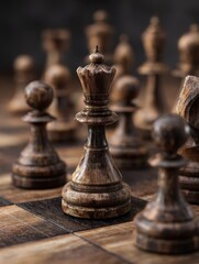 Fototapeta premium Wooden chess pieces arranged on checkered board with text space focusing