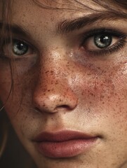 Naklejka premium Youthful model with striking features, showcasing freckles and captivating eyes. natural glow and soft lighting enhance beauty and detail of skin
