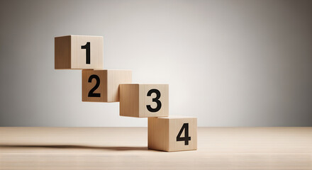 Wooden Blocks Numbers Stages Progress Grey Background Copy Space