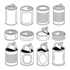 Collection of Outline Tin Cans - Closed, Opened, and Diverse Label Designs Vector Illustration