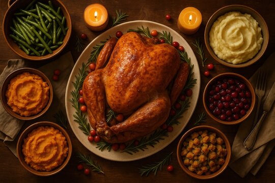 Warm Thanksgiving dinner table with roasted turkey candles and rustic autumn decor