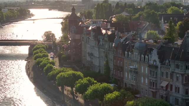 Konstanz Bodensee, Sunset time in Summer at Constance City in Germany on a Lake Shore, Aerial View, Drone Shot