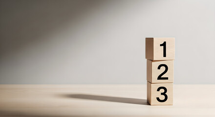 Wooden Blocks Numbers 123 Stacked Process Concept Copy Space Vertical