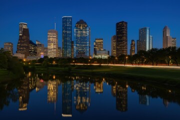 Houston downtown skyline at blue hour with reflections and dramatic cloud streaks