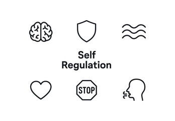 outline vector icon set of 6 isolated on white background minimal black monochrome style flat vector icon illustration clean lines centered composition no gradient central bold title text