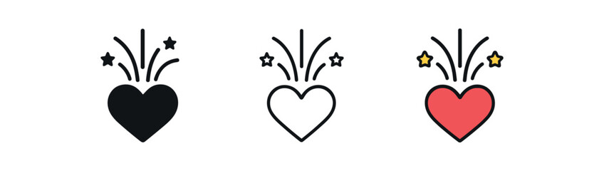 Fototapeta premium romantic fireworks icon on white background Black silhouette flat icon outline icon and colored icon style. 1x3 grid. three minimal vector icon style. centered composition clear white space