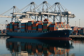 Modern cargo ship at bustling container port cranes stacking freight under clear skies