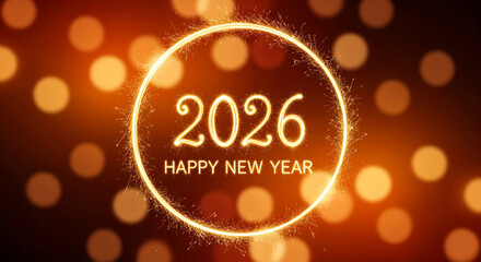 Happy New Year 2026 banner. Golden sparkler greeting on a warm festive bokeh background