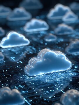 Digital cloud computing technology represented with cloud icons and circuit patterns in blue light background