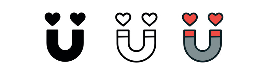 love magnet attraction icon on white background Black silhouette flat icon outline icon and colored icon style. 1x3 grid. three minimal vector icon style. centered composition clear white