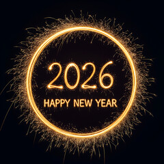Happy New Year 2026 greeting with sparkler text and circle frame on a black background