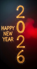 Happy New Year 2026 vertical banner. Sparkler numbers on a dark, smoky background