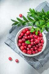 Fresh cranberries in a white bowl on a light background with green branch, napkin and sunlight.