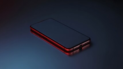 Modern smartphone with glowing red edges and dark screen on a dark blue gradient background