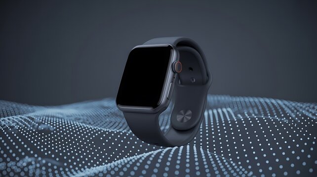 Modern smartwatch displaying blank screen on a futuristic digital network grid with blue lighting