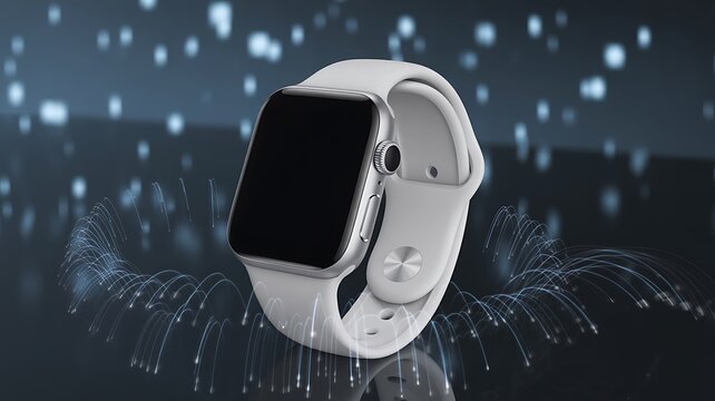 Modern white smartwatch with a blank black screen displayed on a dark background with glowing abstract digital elements