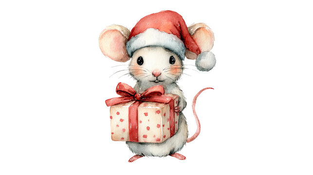 Cute christmas mouse wearing santa hat holding gift box, transparent background