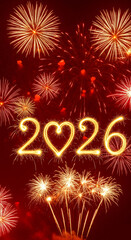 Happy New Year 2026 with heart. Vertical phone wallpaper with festive red fireworks