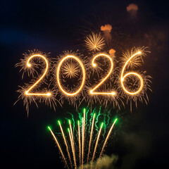 Happy New Year 2026. Wide banner with sparkling numbers and a colorful fireworks show