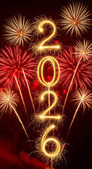 New Year 2026 celebration. Sparkling numbers and golden fireworks on a dark night sky