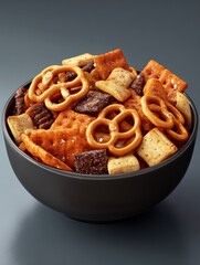 A bowl of mixed snacks including crispy pretzels, chips, crackers, and crunchy bites perfect for a delicious party treat or casual snack time.
