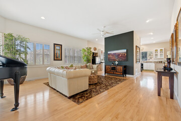 In the center of the living room, there is a beautiful piano