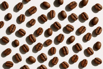 Obraz premium Roasted coffee beans scattered on white background high contrast craft cafe aesthetic
