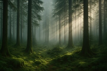 Naklejka premium Fog drifting through dense alpine firs at dawn with soft rays and mossy ground