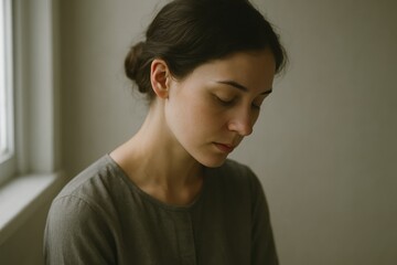 Woman bowing her head in quiet reflection soft window light and gentle shadows