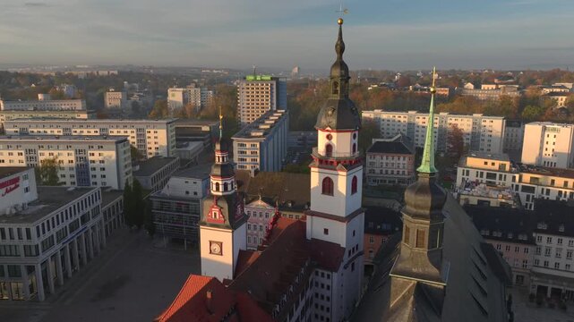 Chemnitz Townhall and Market Square. Chemnitz Rathaus in Saxony, Eastern Germany. Aerial Sunrise Time Soft Light.