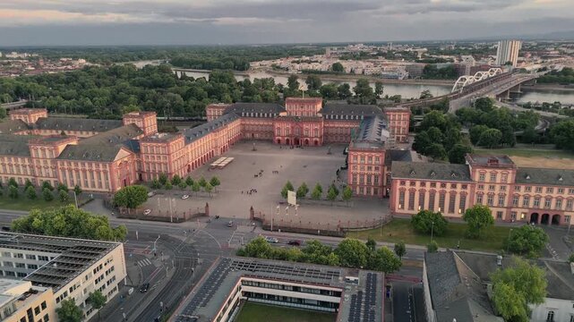 Aerial drone footage of Mannheim and Christuskirche on summer evening, showcasing German architecture. Mannheim, Germany